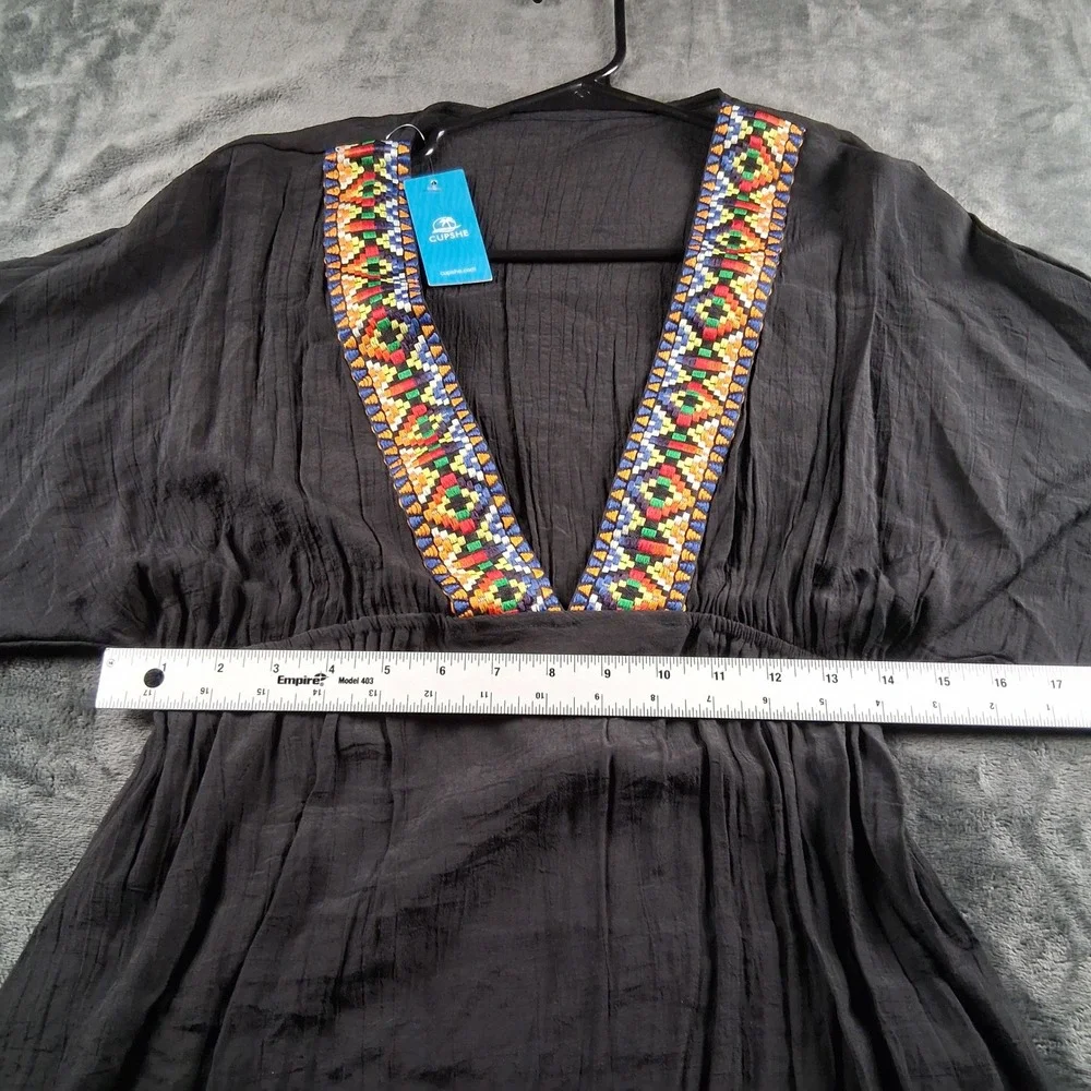 NWT Cupshe Swim Cover Up Dress Womens Small Black Embroidered V-Neck Boho Beach